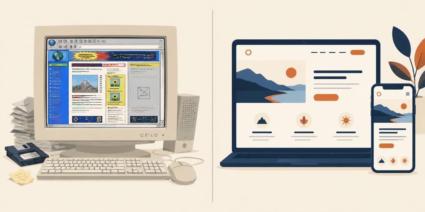 Illustration comparing a cluttered old website with a clean modern one